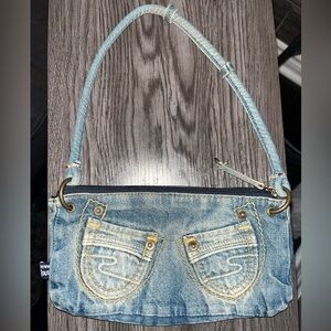 Y2K Down & Out Brand Denim Baguette Shoulder Bag Pocket Detail Mini Purse 9.25”w